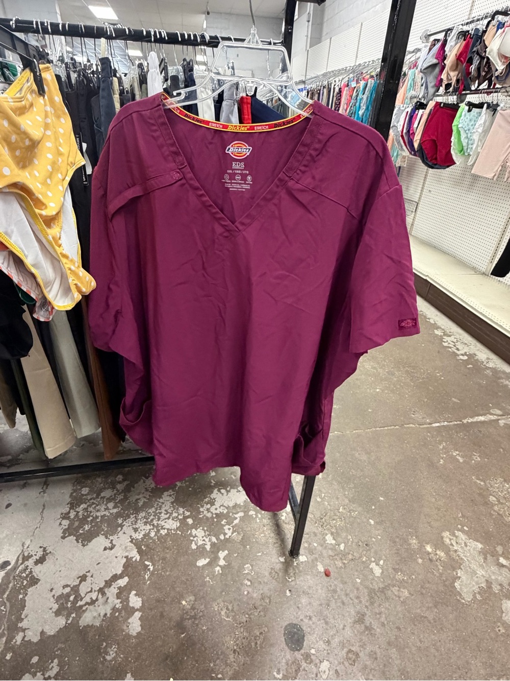 Dickies Women's V-Neck scrub top in Berry Plum, Green, and navy blue